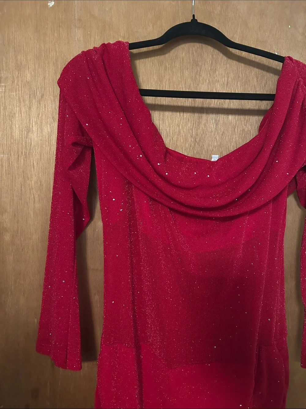 Red Draped Sparkle Long-Sleeve Women’s Dress